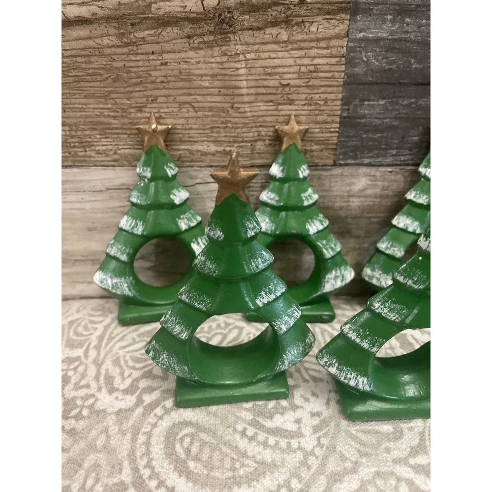 Set of 7 Christmas Tree Napkin Rings Green Ceramic Snow Star Holiday Table Decor